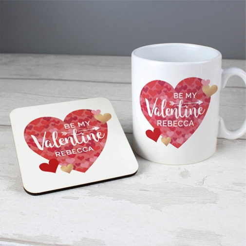 Personalised Valentines Day Confetti Hearts Mug and Coaster Set Delivery to UK