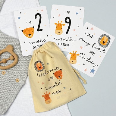 Personalised Safari Animals Milestone Cards in Drawstring Bag