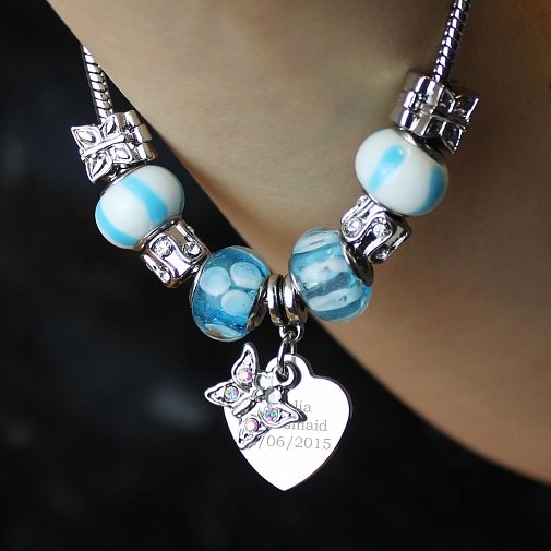 Personalised Butterfly & Heart Charm Bracelet - Sky Blue - 21cm