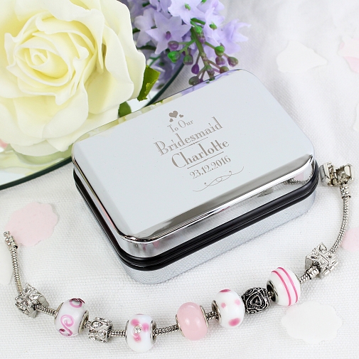 Personalised Decorative Wedding Bridesmaid Silver Box and Candy Pink 18cm Charm Bracelet