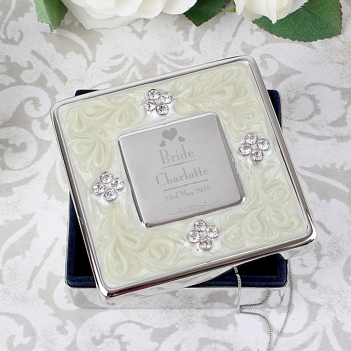 Personalised Decorative Wedding Bride Square Diamante Trinket Box