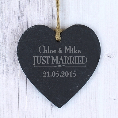 Personalised Just Married... Slate Heart Decoration