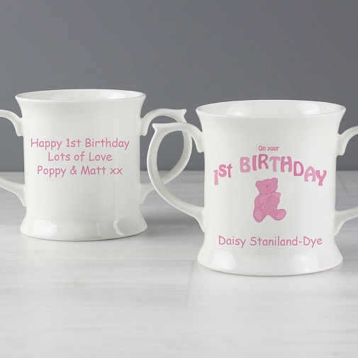 Personalised Teddy Pink 1st Birthday Loving Mug