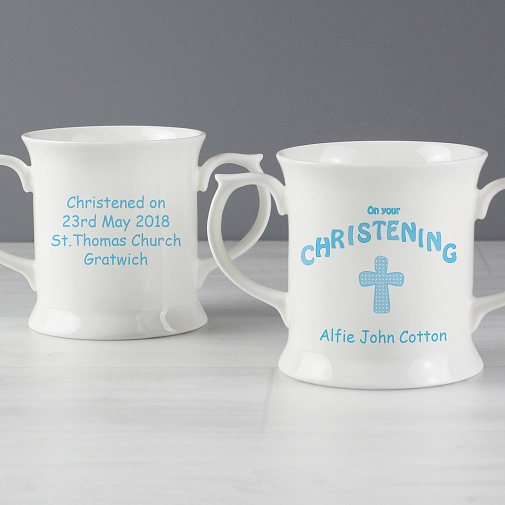 Personalised Cross Blue Christening Loving Mug