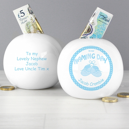 Personalised Bootee Blue Naming Day Money Box
