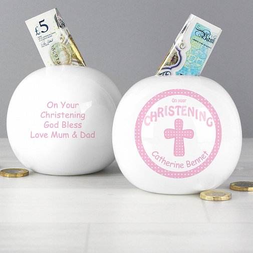 Personalised Cross Pink Christening Money Box