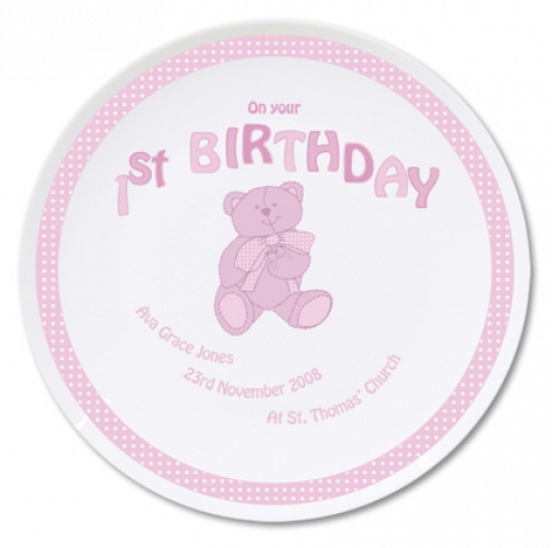 Personalised Teddy Pink 1st Birthday Plate