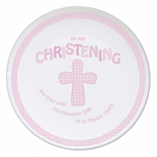 Personalised Cross Pink Christening Plate