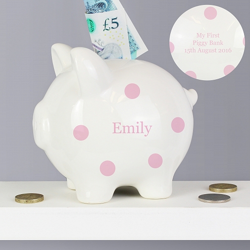 Personalised Pink Polka Dot Piggy Bank