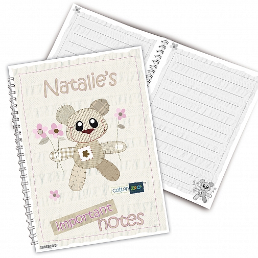 Personalised Cotton Zoo Tweed the Bear Pink A5 Notebook
