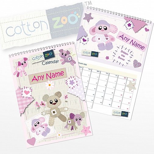 Personalised Cotton Zoo Girls A4 Wall Calendar
