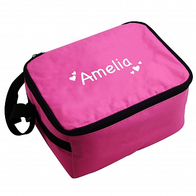 Personalised White Hearts Pink Lunch Bag