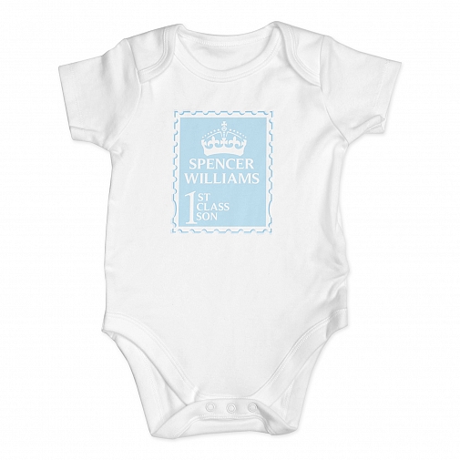 Personalised Blue 1st Class 9-12 Months Baby Vest