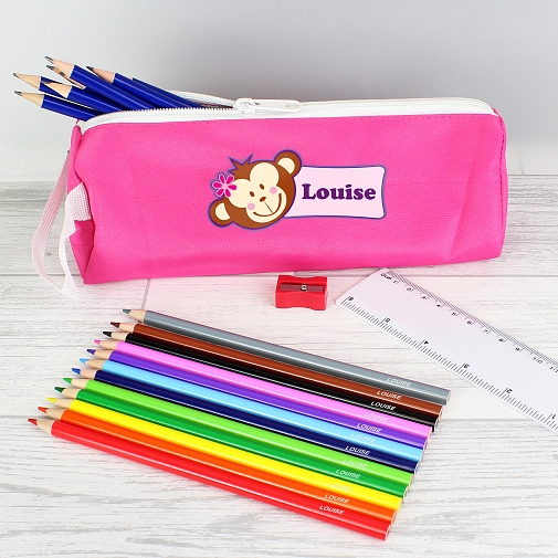 Pink Monkey Pencil Case with Personalised Pencils & Crayons
