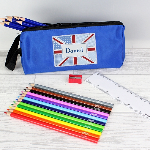 Blue Patchwork Union Jack Pencil Case with Personalised Pencils & Crayons