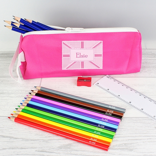 Pink Patchwork Union Jack Pencil Case with Personalised Pencils & Crayons
