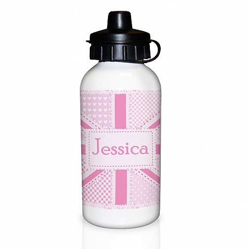 Personalised Pink Patchwork Union Jack Drinks Bottle