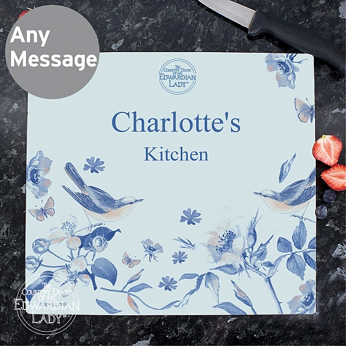 Personalised Country Diary Blue Blossom Glass Chopping Board