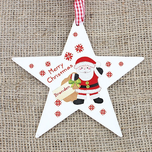 Personalised Felt Stitch Santa Wooden Star Decoration