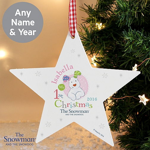 Personalised The Snowman and the Snowdog My 1st Christmas Pink Wooden Star Decoration