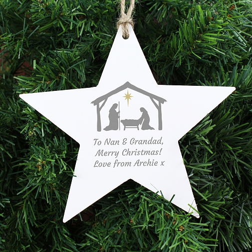 Personalised Nativity Wooden Star Decoration