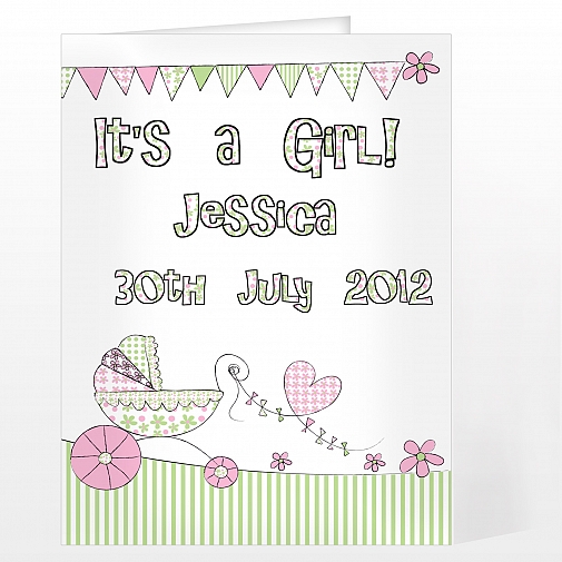 Personalised Whimsical Pram Its a Girl Card