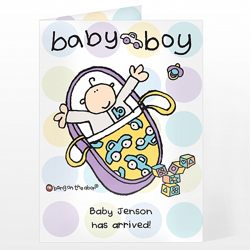 Personalised Bang on the Door Baby Boy Card