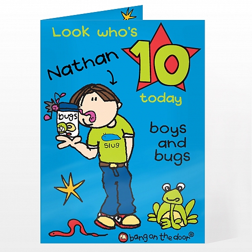 Personalised Bang on the Door Boys and Bugs Age Card