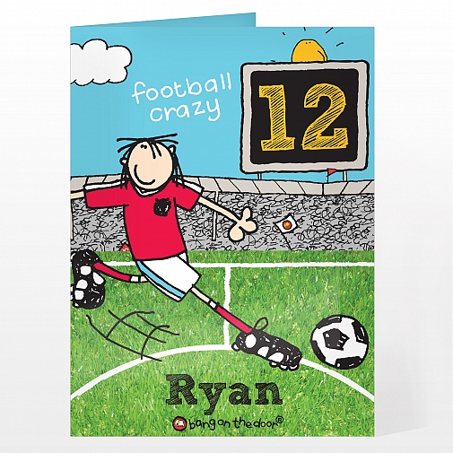 Personalised Bang On The Door Football Crazy Age card