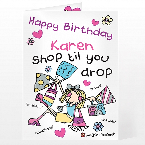 Personalised Bang On The Door Shop Till You Drop Card