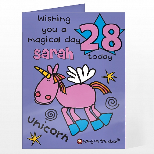 Personalised Bang On The Door Unicorn Age Card