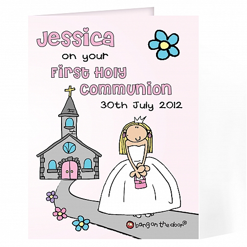 Personalised Bang On The Door First Holy Communion Girls Card