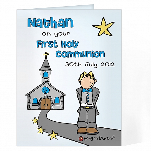 Personalised Bang On The Door First Holy Communion Boys Card