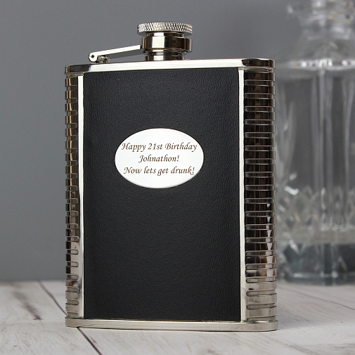 Steel and Black Leather Hip Flask