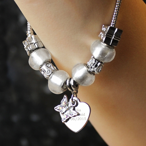 Personalised Butterfly & Heart Charm Bracelet - Ice White - 18cm