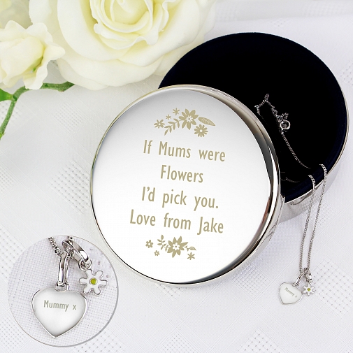 Personalised Engraved Floral Round Trinket Box & Silver Heart Pendant with Daisy Charm Gift Set