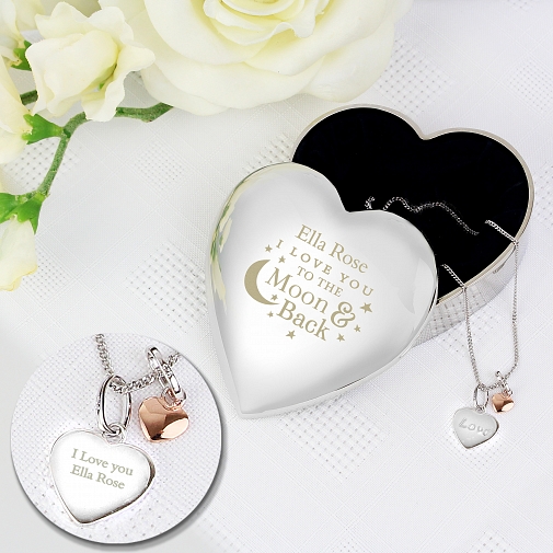 Personalised Engraved Moon and Back Heart Trinket Box & Silver Heart Pendant Gift Set delivery to UK [United Kingdom]
