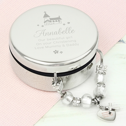 Personalised Whimsical Church Round Trinket Box & Ice White Cross Charm Bracelet
