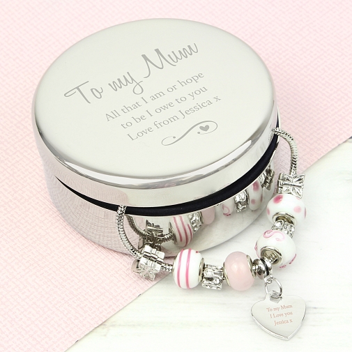 Personalised Swirls & Hearts Round Trinket Box & Candy Pink Heart Charm Braceletdelivery to UK [United Kingdom]