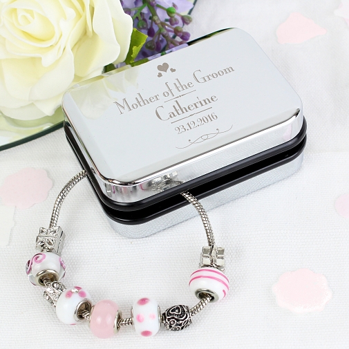 Personalised Decorative Wedding Mother of the Groom Silver Box and Candy Pink 21cm Charm Bracelet