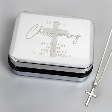 Personalised Christening Trinket Box & Cross Necklace Set