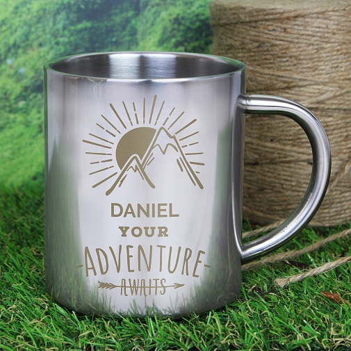 Personalised 'Adventure Awaits' Metal Mug