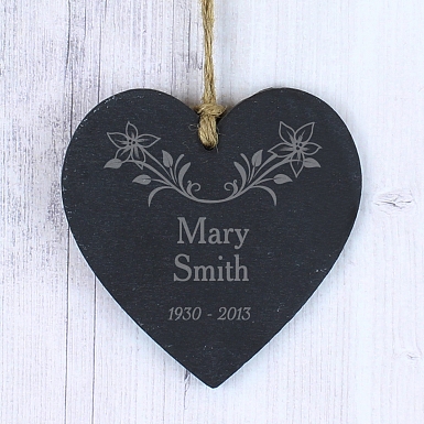 Personalised In Loving Memory Floral Slate Heart