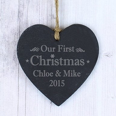 Personalised Our First Christmas Slate Heart