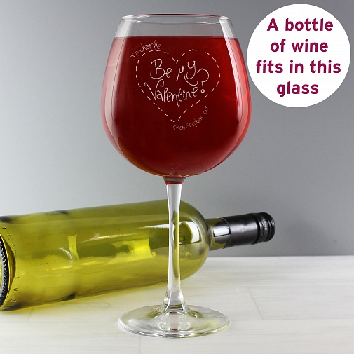 Personalised Stitch Heart Be My Valentine Bottle of Wine Glass