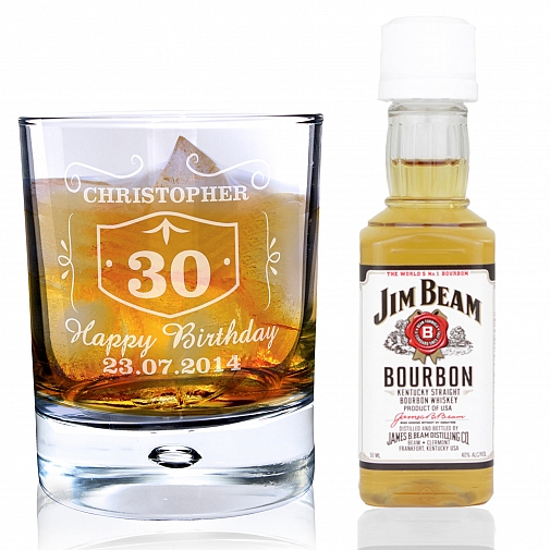 Personalised Whisky Style Glass & Bourbon Whisky Miniature Set