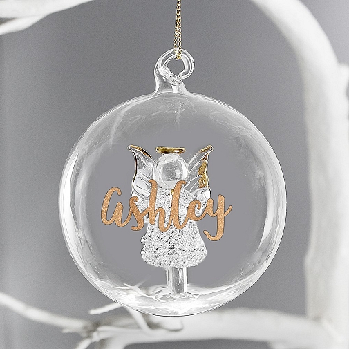 Personalised Gold Glitter Name Only Angel Glass Bauble