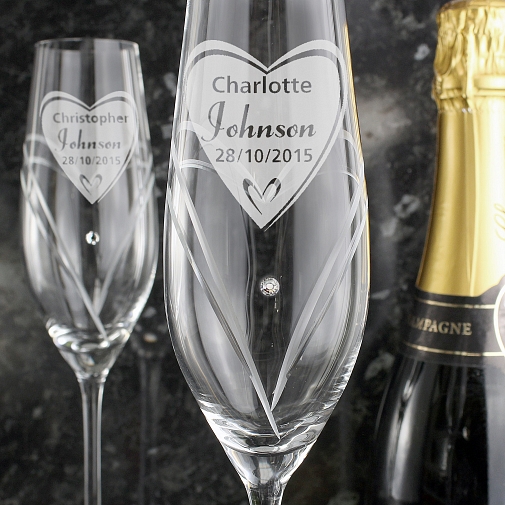 Personalised Hand Cut Big Heart Pair of Flutes with Gift Box