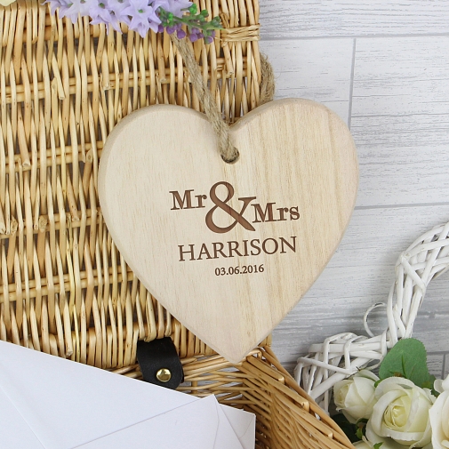 Personalised Mr & Mrs Chunky Wooden Heart Decoration UK [United Kingdom]