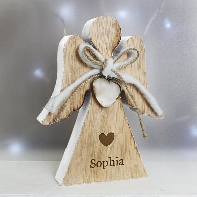 Personalised Heart Motif Rustic Wooden Angel